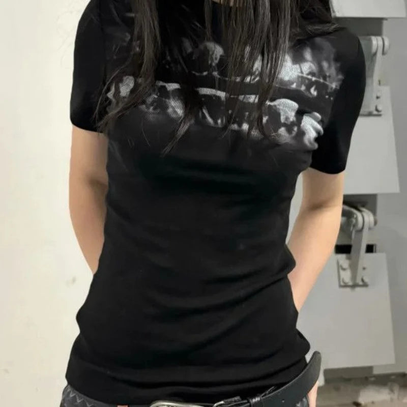 Y2k Subculture Short Sleeve Black Solid T-Shirt Dark Print Bodycon Punk Style Top Women Streetwear O-Neck Spring Summer