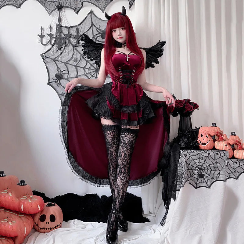 Gothic Witch Costume Y2K Aesthetic Victorian Vampire Bride Dress for Women Vintage Long Tail Cosplay Costume Halloween Party
