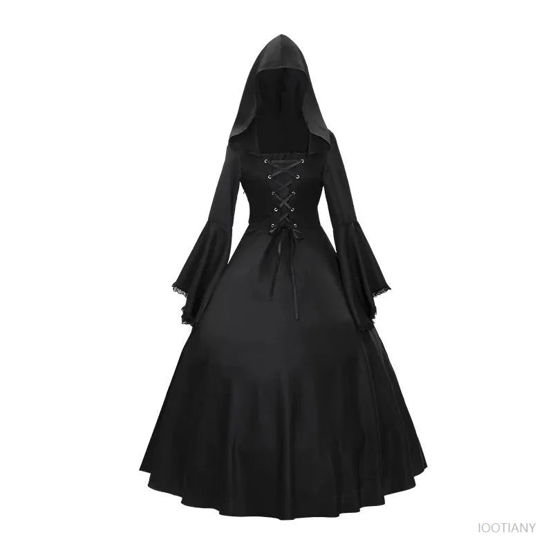 Gothic Medieval Dress Retro Fashion Big Swing Long Sleeve Tie Waist Hooded Dress Lace Trumpet Sleeve Dress Halloween Costume
