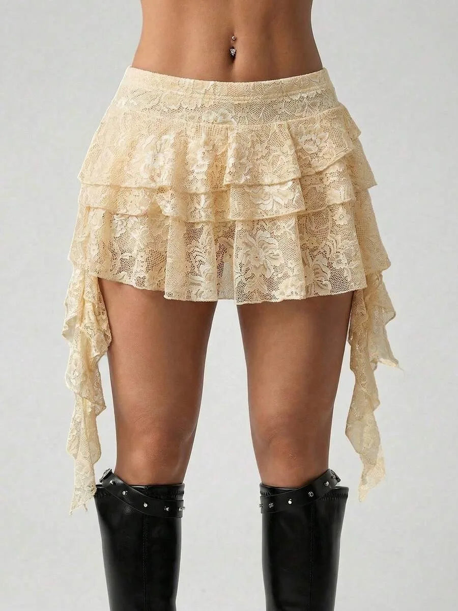 Y2K Mini Skirt Multi-Layer Lace Tiered Micro-Skirt Gothic Japanese Schoolgirl Lolita Side-Tie Ruffled Low-Waisted Girly Skirt