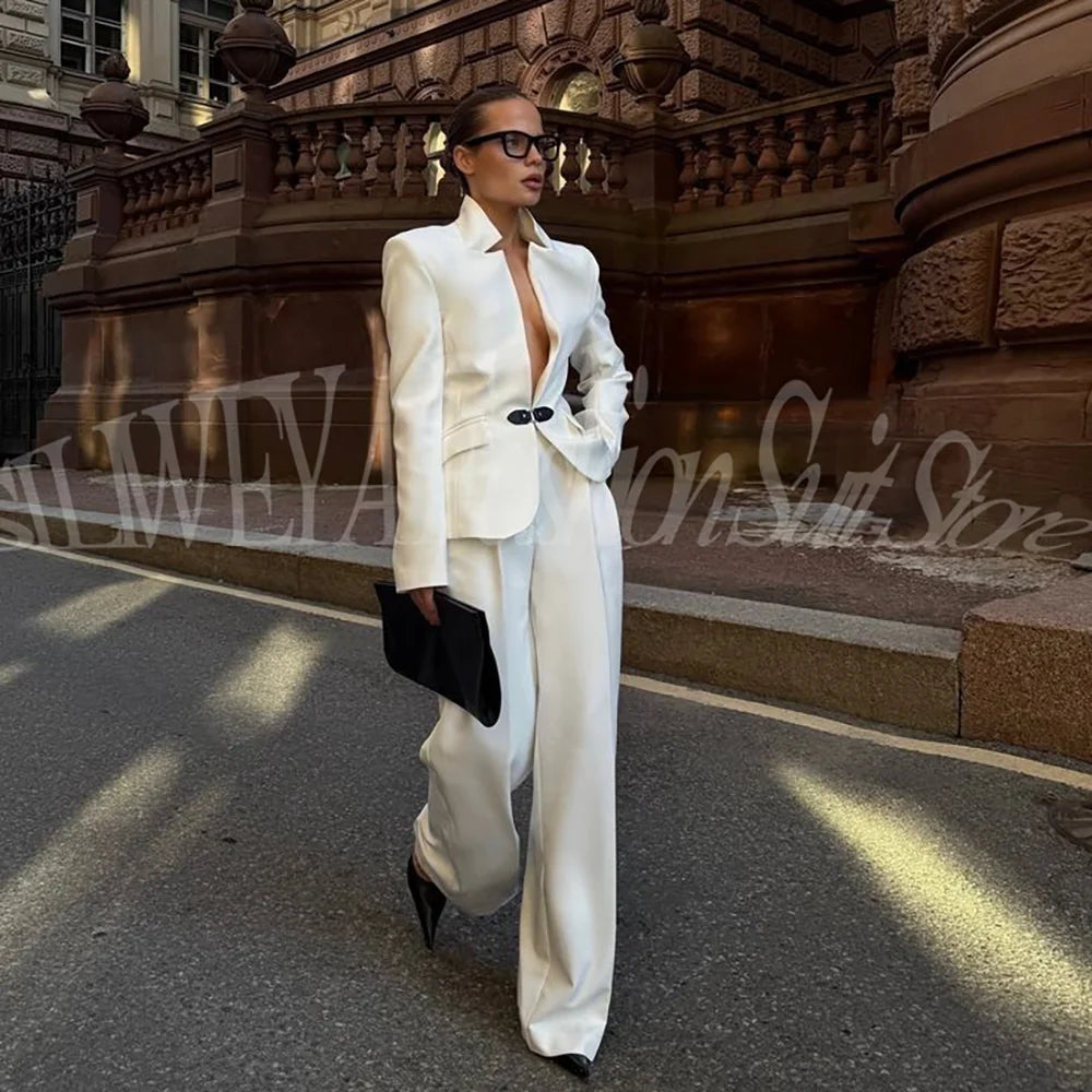 Luxury White Suit For Women 2 Pieces Jacket Pants Office Lady Chic Outfits Fashion Trousers Smart Casual Female Blazer Set