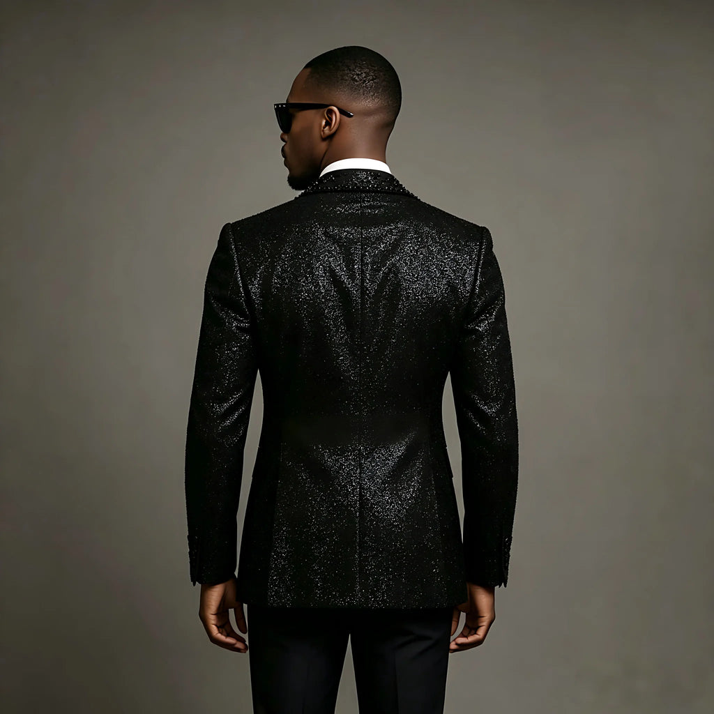 Shiny Black Men Suits 3 Pieces Business Blazer Vest Pants Beads Wedding Groom Prom Wear Party Formal Customized