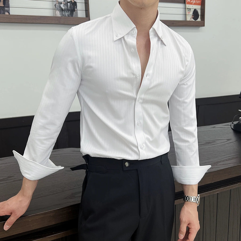 New Dark Striped Pointed Collar Shirt 2025 Men's Long Sleeved High-end Business Slim Fit Casual Versatile Men's Tailcoat Shirts