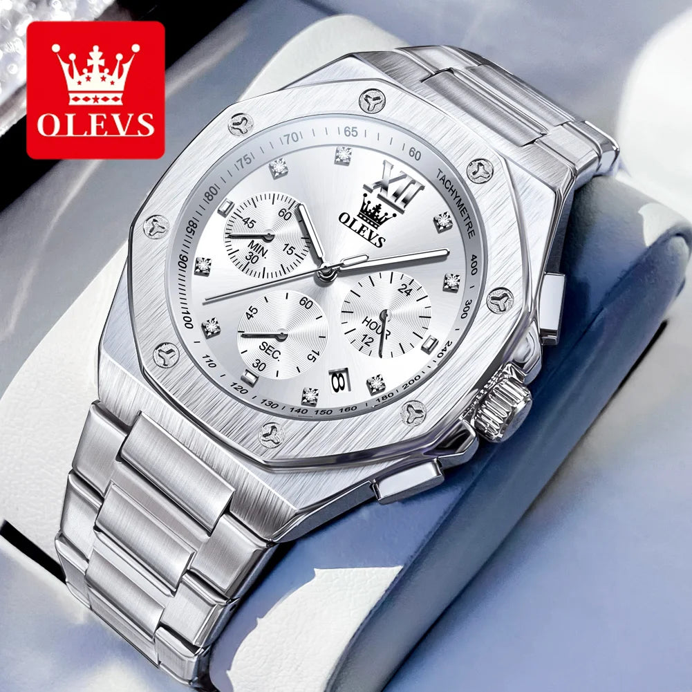 OLEVS 3626 Watches For Men Original Wristwatch Stainless Steel Multifunctional Chronograph Waterproof Luminous Quartz Reloj