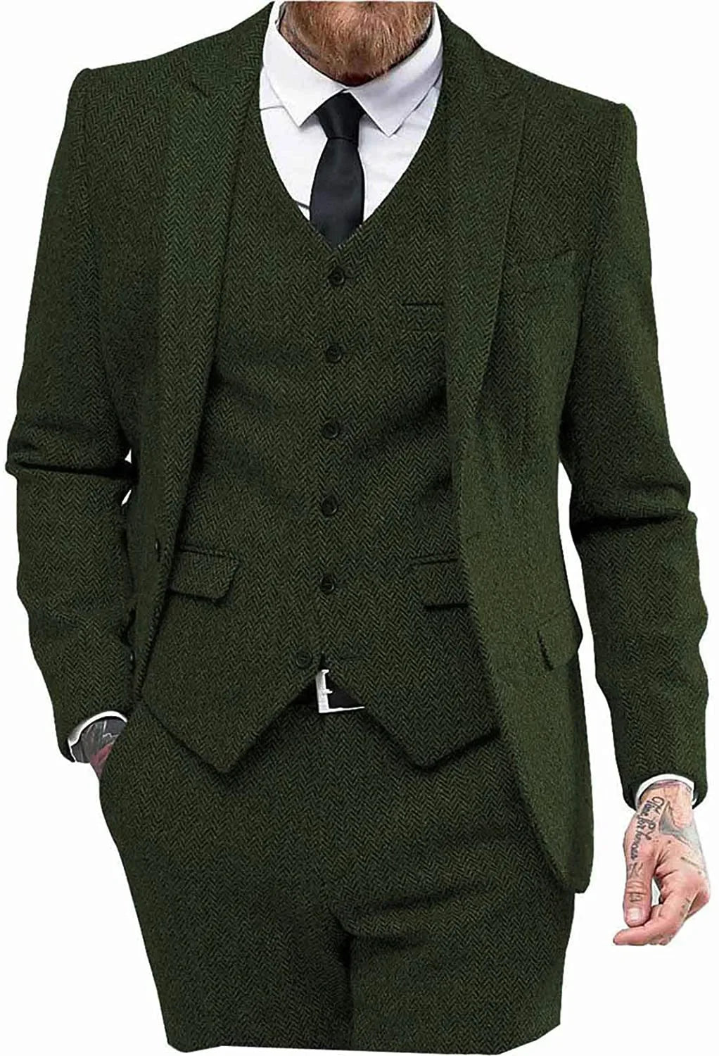 Retro Herringbone Suit for Men Stylish Vintage Tuxedo Set 3 Pieces Blazer Vest and Pant Set for Wedding Business Evening Party