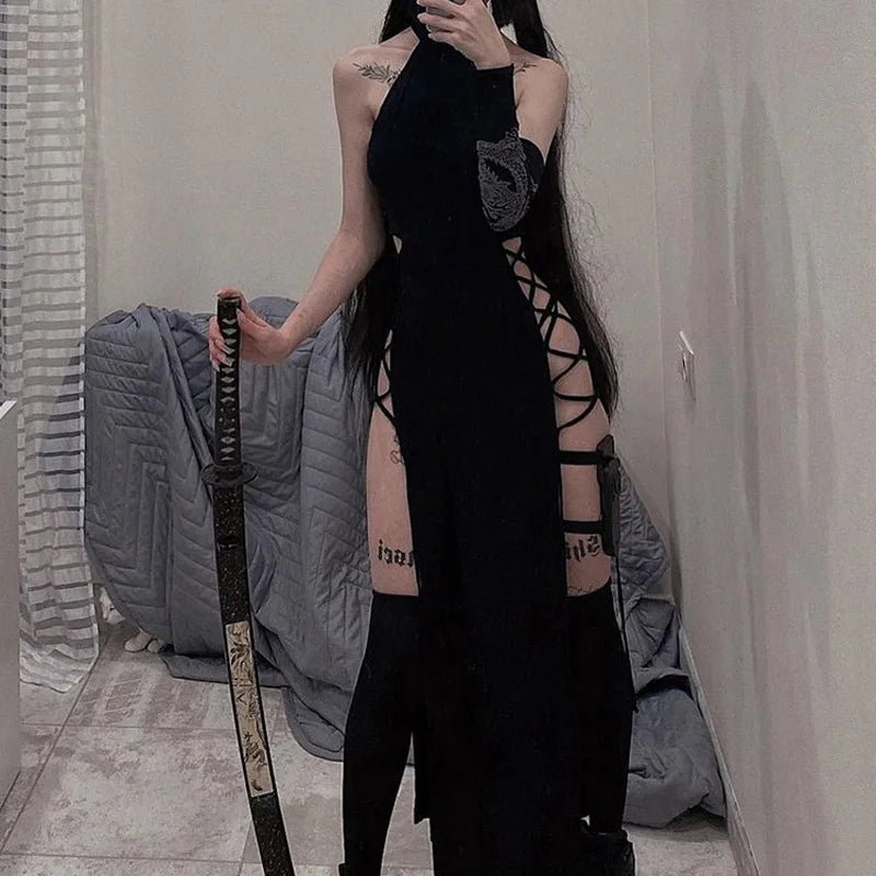 Gothic Halter Slim Midi Dress Dark Cosplay High Split Bandage Y2K Black Grunge Style Alt Partywear Sexy Women's Gothic Dress