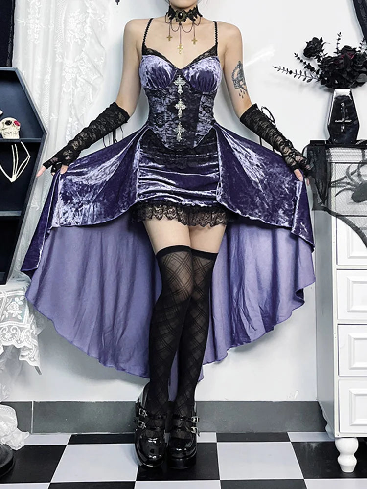 AltGoth Purple Lace-Detail Mini Dress