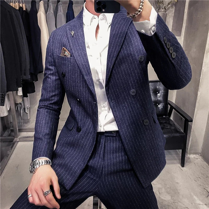 ( Blazer + Pants ) High-end Brand Formal Business Plaid Mens Suit Groom Wedding Dress Solid Color Stage Performance Tuxedo S-7XL