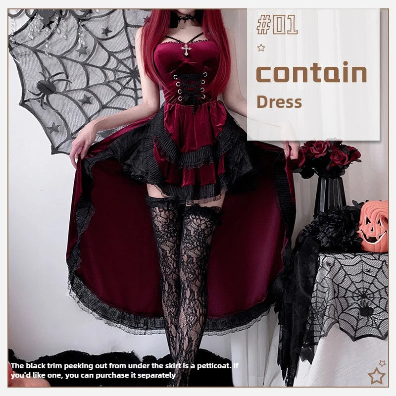 Gothic Witch Costume Y2K Aesthetic Victorian Vampire Bride Dress for Women Vintage Long Tail Cosplay Costume Halloween Party