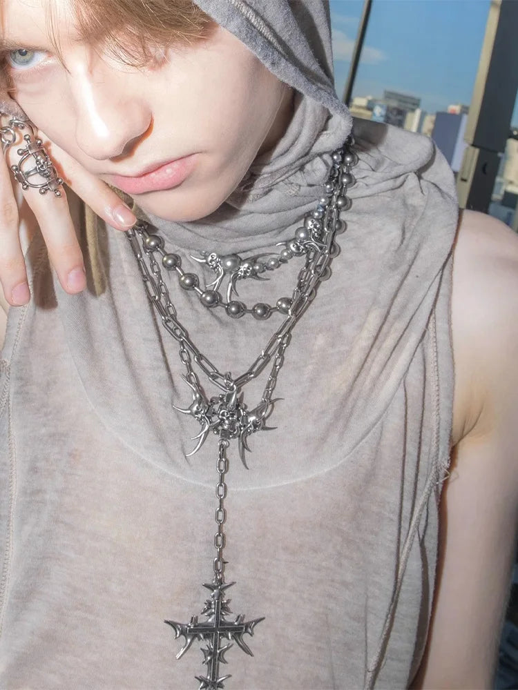 Gothic Cross Chain Jewelry Set for Women Men, Punk Statement Necklaces Rings Accessories, Edgy Party Jewelry Collection