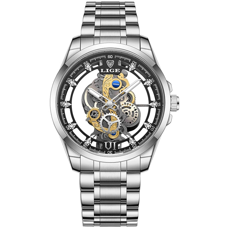 2026 LIGE Men Watch Skeleton Automatic Quartz Watch Gold Skeleton Vintage Man Watch Mens Watches Top Brand Luxury часы мужские