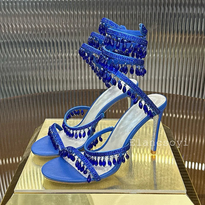 High Heels Sandals Women Shiny Crystal Pendant Ankle Snake Twine Around Prom Shoes Summer Fashion Stiletto Bohemian Sandalias