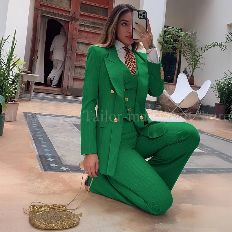 Luxury Green Striped Women Suit Double Breasted 3 Piece Jacket Vest Pants Female Clothing Slim Fit Formal Office Lady Blazer Set