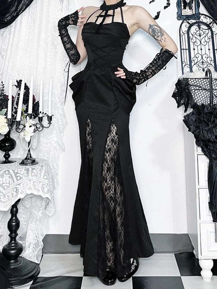 AltGoth Aesthetic Gothic Party Dress Women Fairycore Grunge Sexy Elegant Sweet Lace Patchwork Halter Bandage Corset Dress Female
