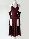 Gothic Halter Off Shoulder Dress For Women High Slit Hollow Out Design Long Gown Unique Stylish Dress For Party And Night Event