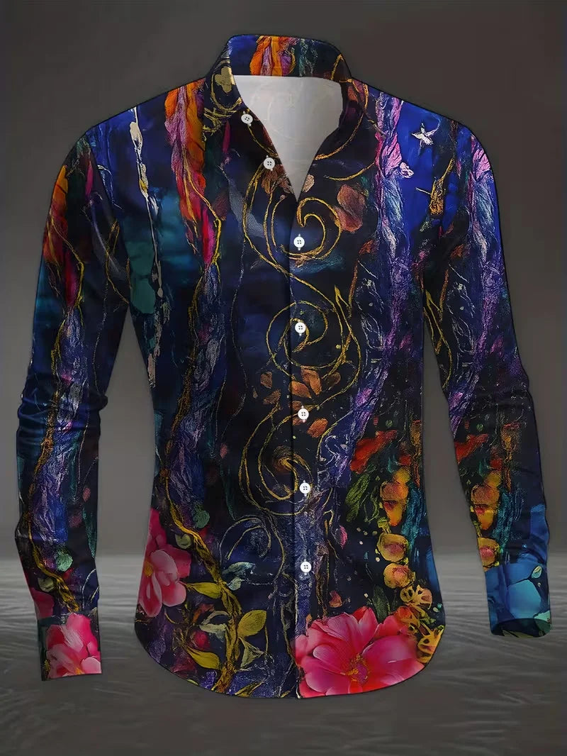 New Men's White Rose Pattern 3D Printed Shirt, High-Quality Casual and Fashionable Long Sleeved Shirt, Lapel Top