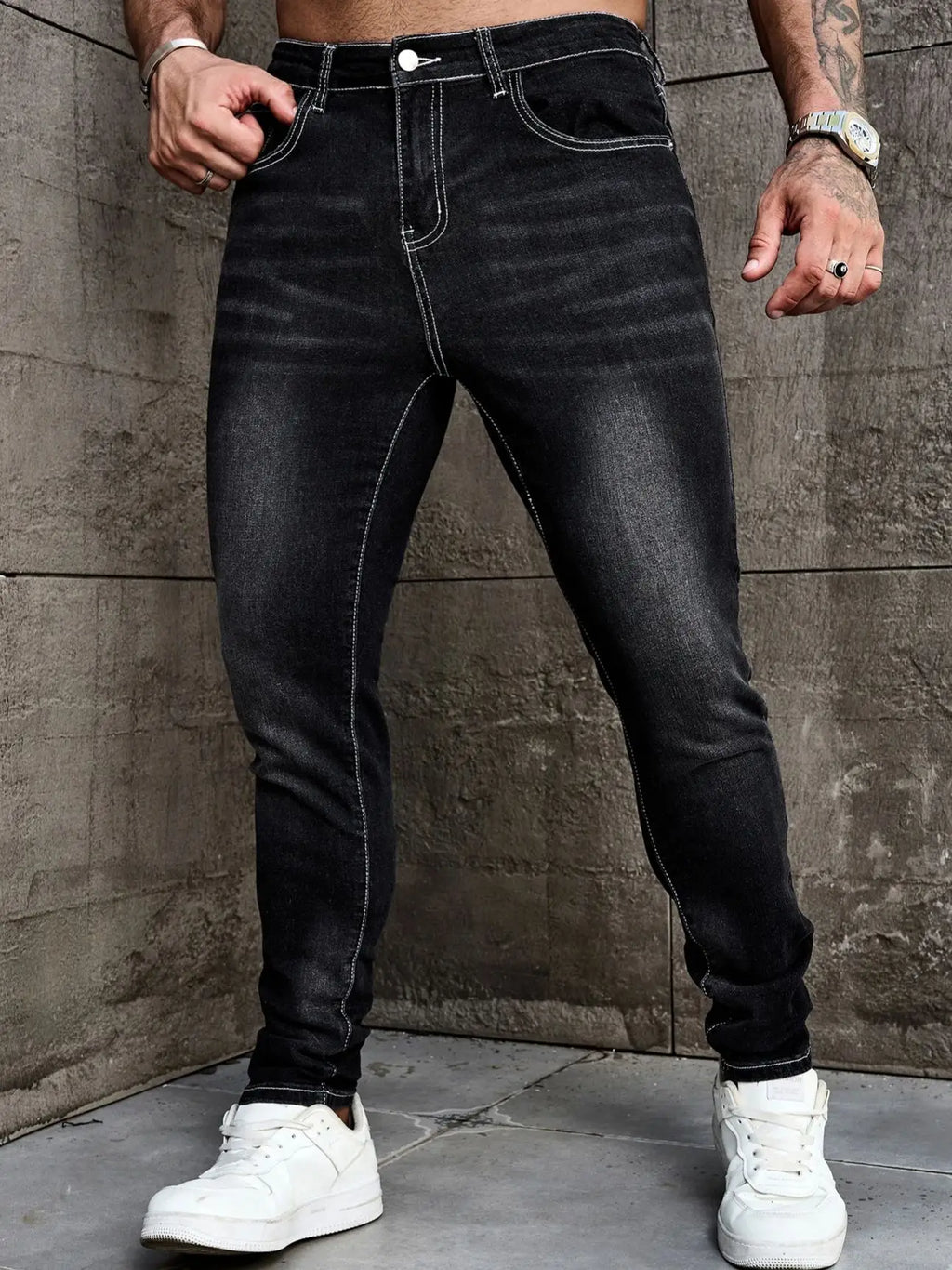 Men Jeans Denim Pants Clothing Trousers Men's Casual Black Washed Slim Fit Stretch Skinny Denim Pants