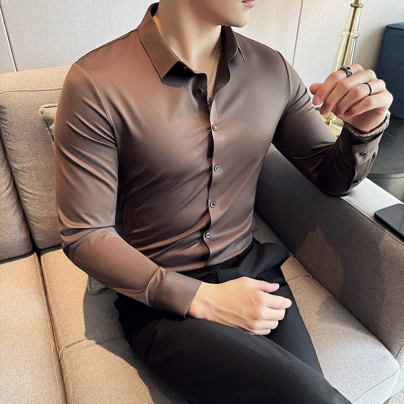 5A Antibacterial Men's Social Shirts High Quality Korean Luxury Clothing Long Sleeve Mens Dress Shirts Slim Fit Tuxedo Big Size
