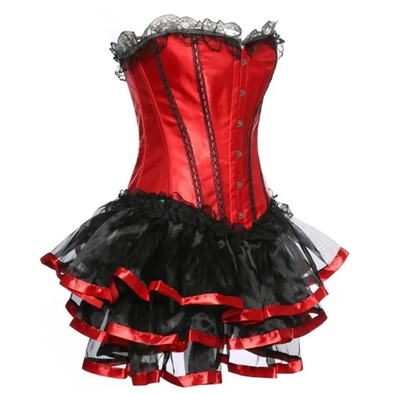 39BD Victorian Corset Dress Women Gothic Lace Trim Overbust Bustier with Mini Tutu Skirt and Panty Lace-Up Burlesque Gowns