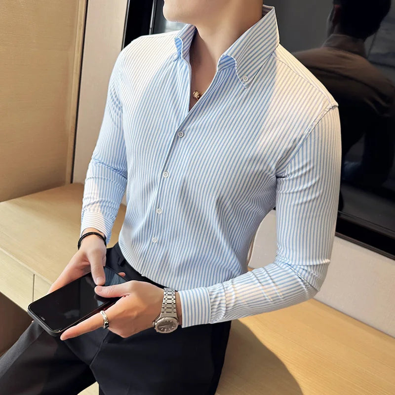 Camisas De Hombre High Quality Men's Social Shirts Slim Fit Korean Luxury Clothing Simple Long Sleeve Striped Shirts For Men
