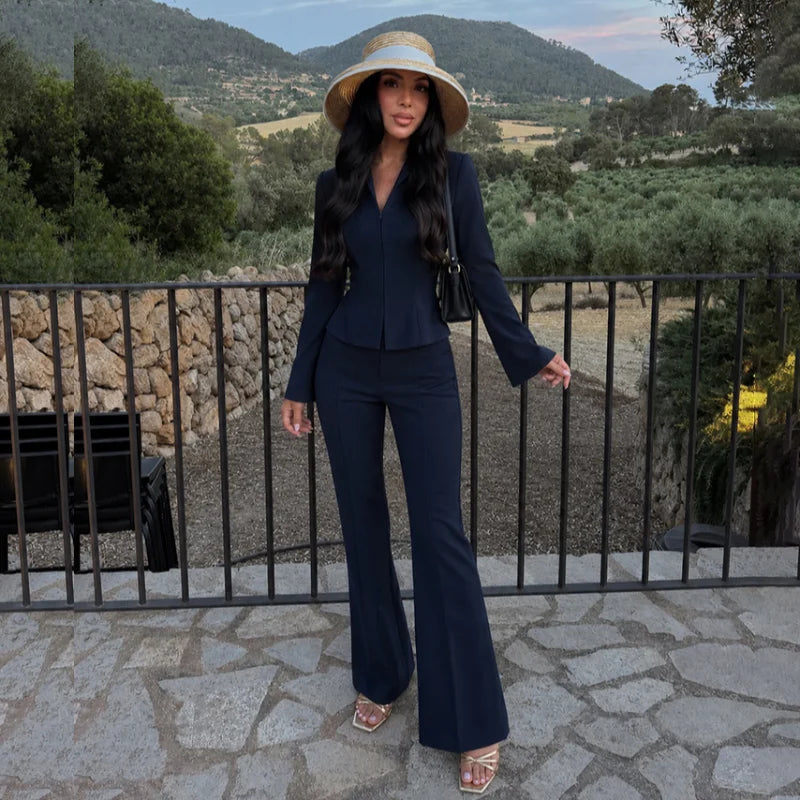 Black Business Suit For Women Commute Office Chic Hide Button High Waist Flared Pants Slim Fit Trim Autumn New Elegant Lady Sets