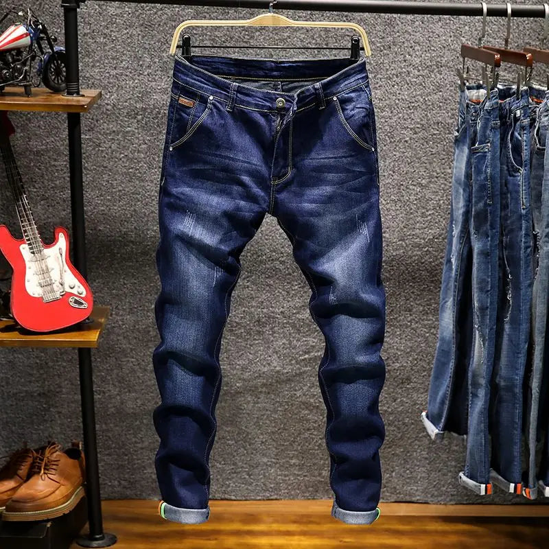 American Elastic Straight Jeans Men Ripped Worn-out Slim-fit Cotton Denim Pants Korean Style Fashion Trousers Men's Clothing