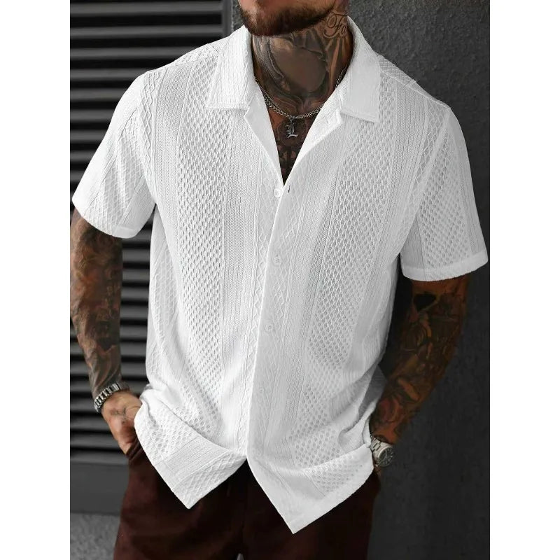 Men's White Hollow Knit Short Sleeve Shirt Summer Breathable French Loose Fit Casual Streetwear Top Lightweight