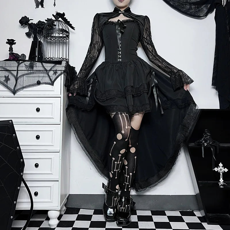 Women's Dress Gothic High Low Swing Asymmetric Vintage Goth Black Lace Elastic Waist Pleated Bodycon Dresses