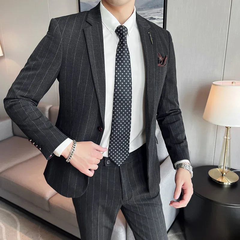 ( Blazer + Pants ) High-end Brand Formal Business Plaid Mens Suit Groom Wedding Dress Solid Color Stage Performance Tuxedo S-7XL
