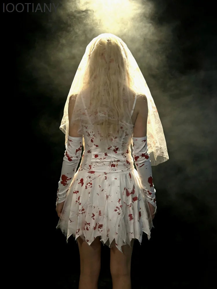 Gothic Blood Bride Halloween Fancy Dress Spaghetti Strap Lace Up Corset Mini Dresses Outfit Stained Sheer Veil Party Costume Set