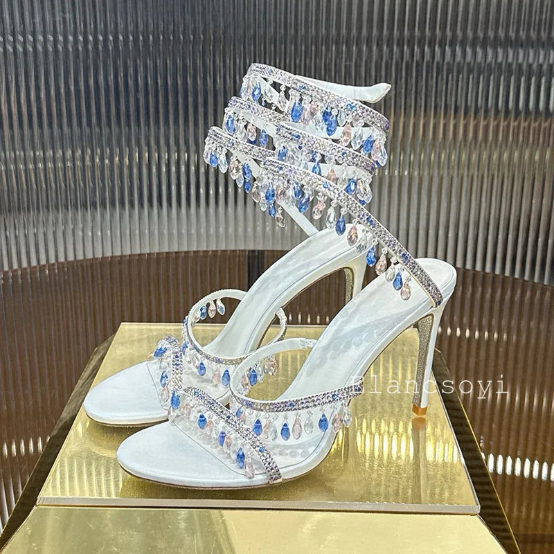 High Heels Sandals Women Shiny Crystal Pendant Ankle Snake Twine Around Prom Shoes Summer Fashion Stiletto Bohemian Sandalias