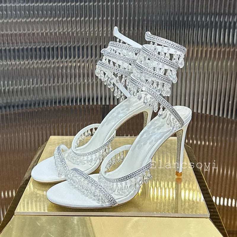High Heels Sandals Women Shiny Crystal Pendant Ankle Snake Twine Around Prom Shoes Summer Fashion Stiletto Bohemian Sandalias