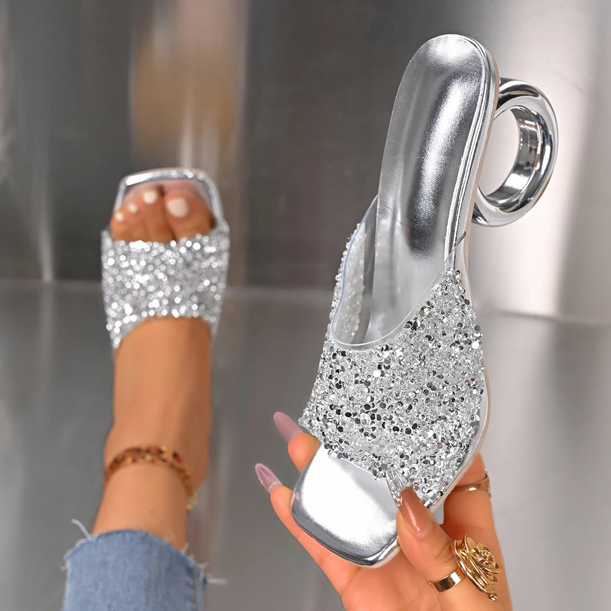 Women Sandals 2025 Summer Strange High Heels Sandals Luxury Crystal Square Toe Slippers Women Sexy Slip on Party Shoes Women