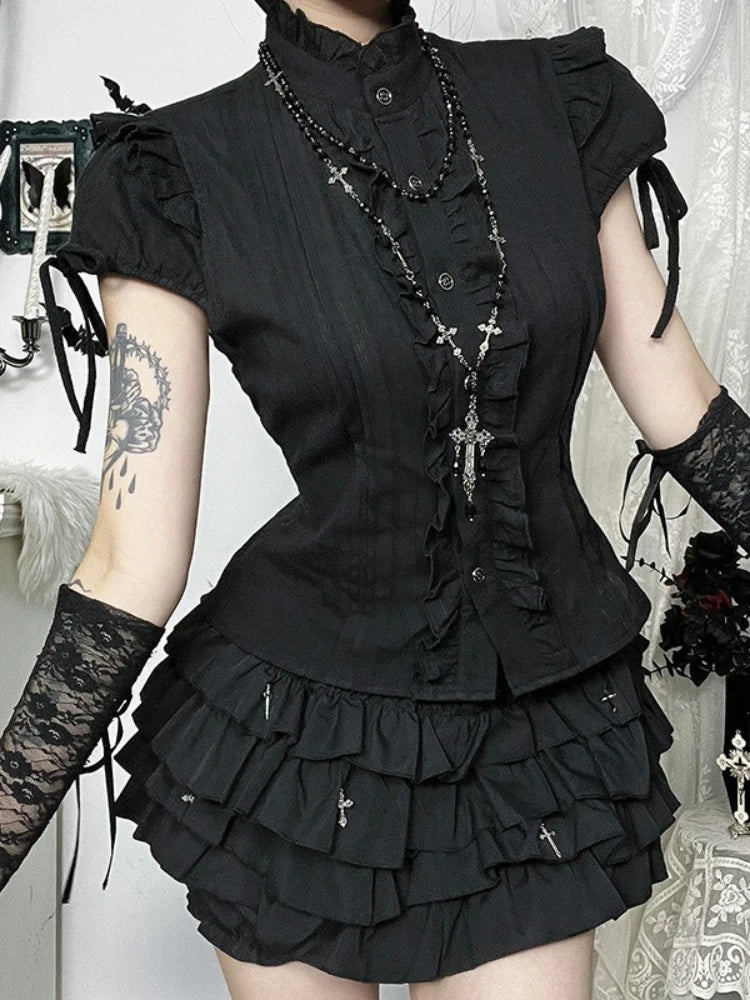 2025 New Vintage Gothic Shirt Women Aesthetic Fairycore Y2K Grunge Dark Edible Tree Fungus Patchwork Short Sleeve Blouse Female