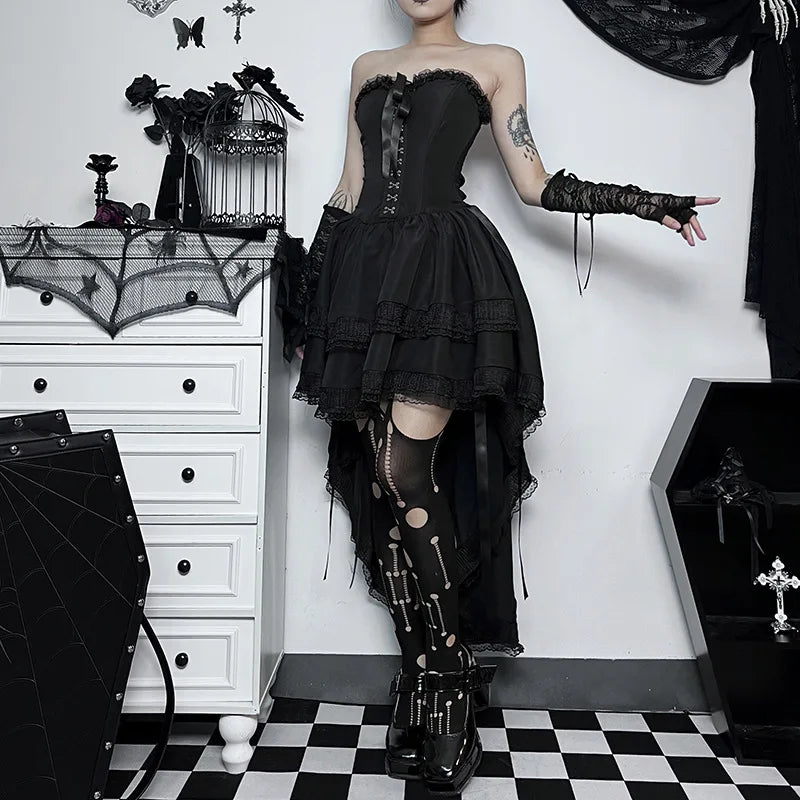 Women's Dress Gothic High Low Swing Asymmetric Vintage Goth Black Lace Elastic Waist Pleated Bodycon Dresses