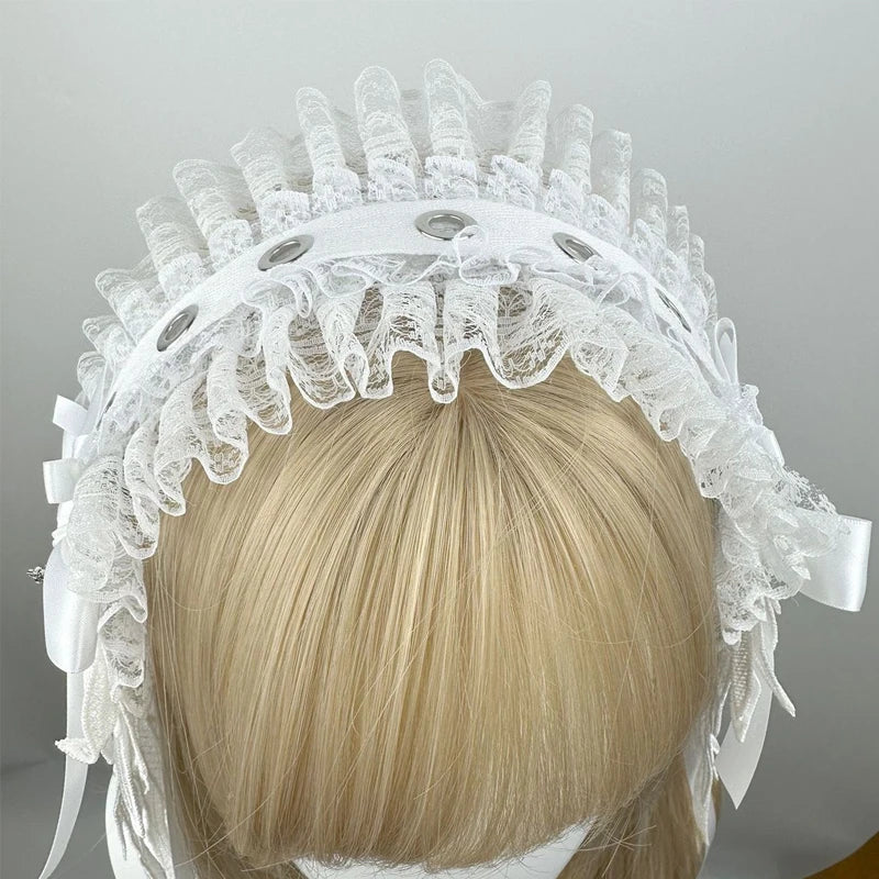 Gothic Lolita Angel Wings Headband Wide Ruffle Lace Cosplay Headwear New White Black Lace Flounce Fold Bowknot Hair Accessories