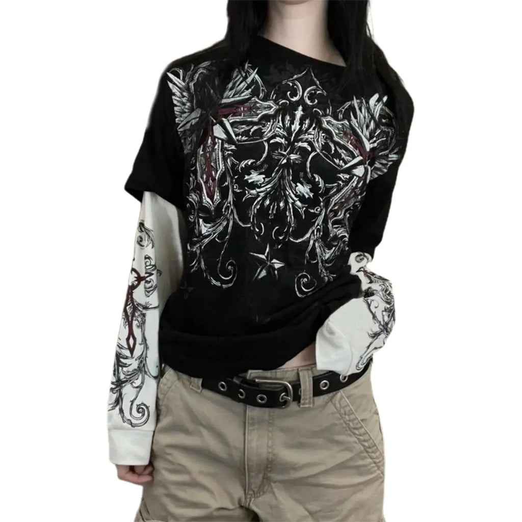 Mall Goth Y2K Aesthetics Grunge Tees Retro Heart Sword Print T Shirt Women Long Sleeve Slim Fit Sweats Tops 90s Vintage Clothes
