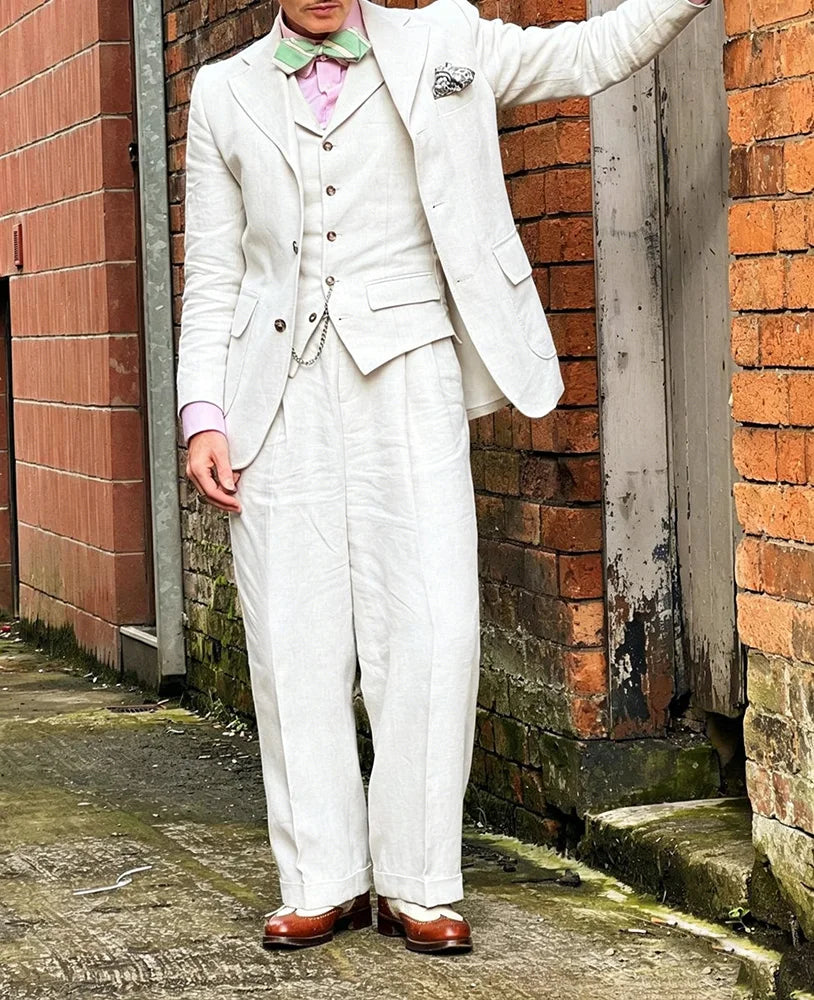 Beige Linen  Men Suits 3 Pieces Men Suits Lightweight Blazer Vest Pants Set Casual Summer Wedding Outfit