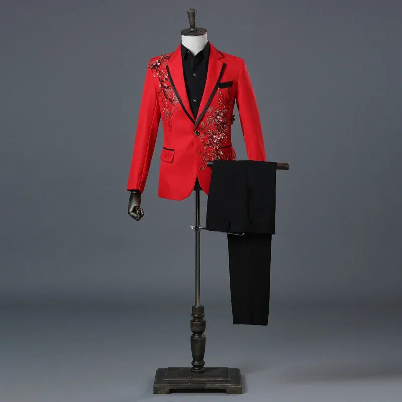 Men’s Black Suit with Silver Floral Embroidery | 2-Piece
