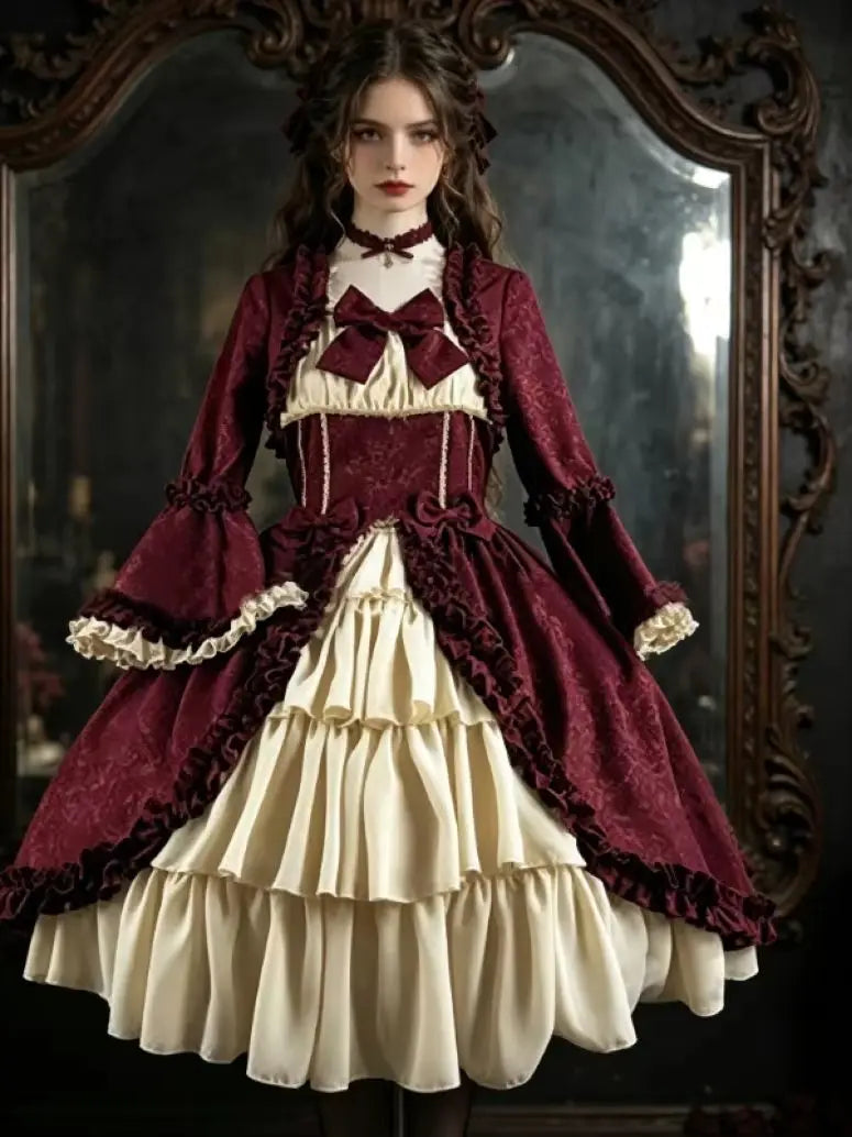 European and American medieval retro Gothic court style French soft girl dress with square collar, waist cinching and patchwork