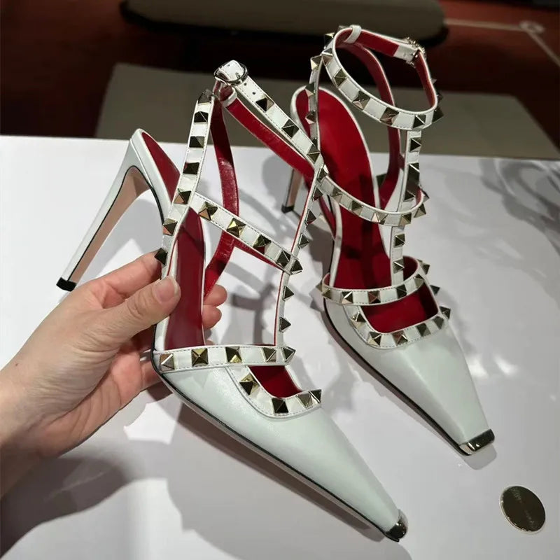 Summer Fashion Square toe Rivet Women Pumps Sexy Narrow Band Mary Janes Slingbacks High heels Chic Party Dress Sandals Shoes