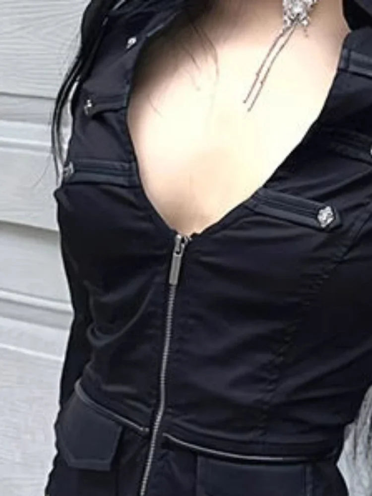 Y2k Aesthetic Women Sexy Blouse Solid Double Zippers Slim Fit Grunge Shirt Harajuku Turn Down Collar Streetwear Cropped Tops