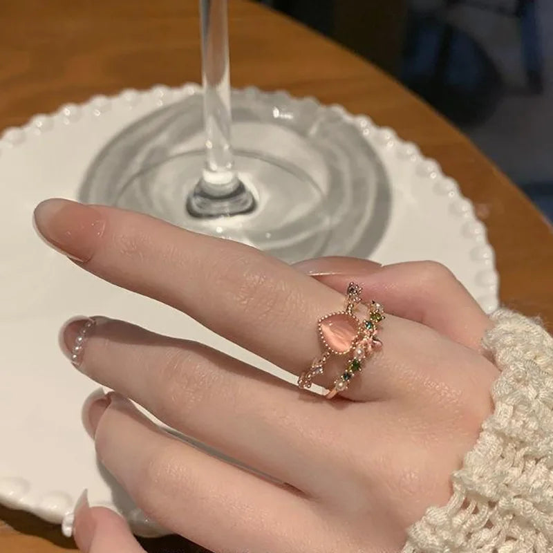 Fashion Blue Opal Heart Rings for Women Kpop Punk Gothic Open Flower Rhinestone Finger Rings Wedding Party Trendy  Jewelry