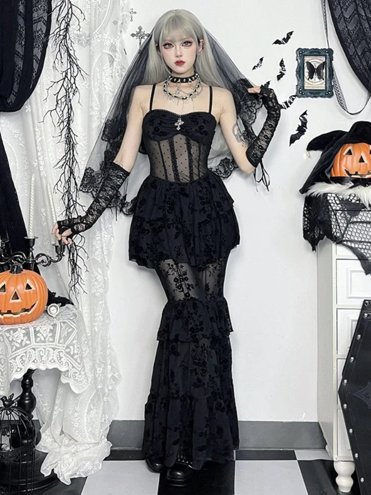 AltGoth Fairycore Grunge Gothic Midi Dress Women Streetwear  Sexy Aesthetic Spaghetti Strap Flocking See Through Corset Dresses