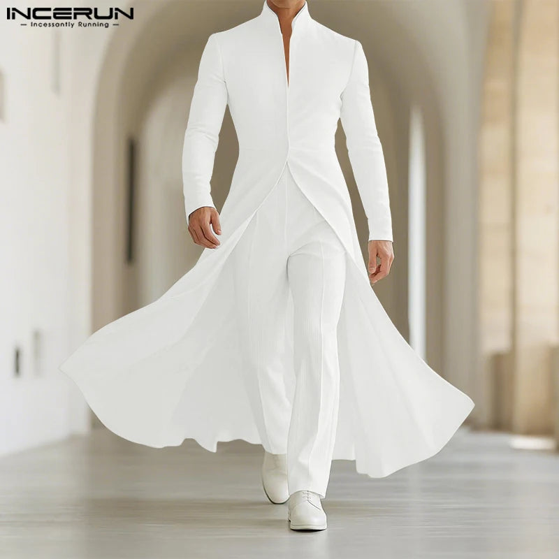INCERUN Men Blazer Solid Color Stand Collar Long Sleeve Ruffle Long Style Blazer Men Streetwear Autumn 2025 Fashion Male Suits