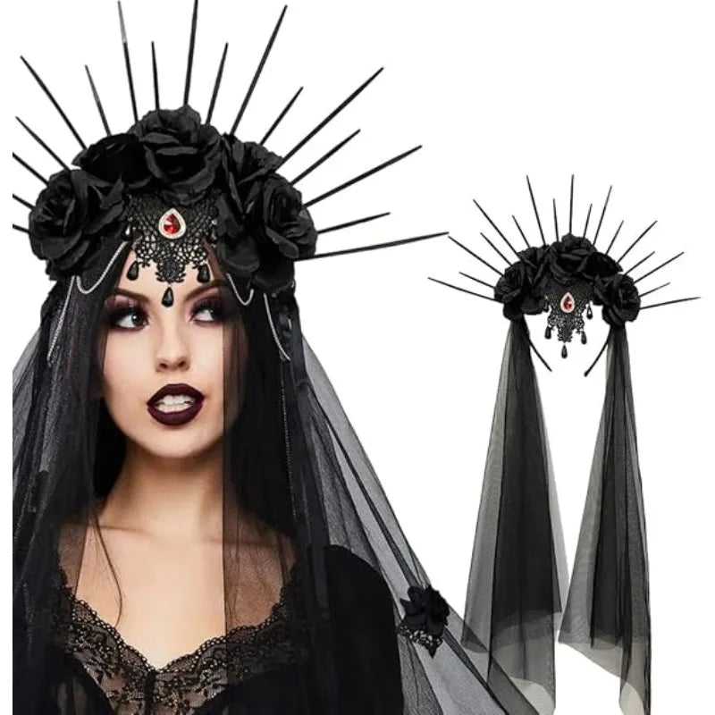 Gothic halo crown, flower headband, black veil. Sunburst Spike crown accessory for ladies Halloween costume hair accessory