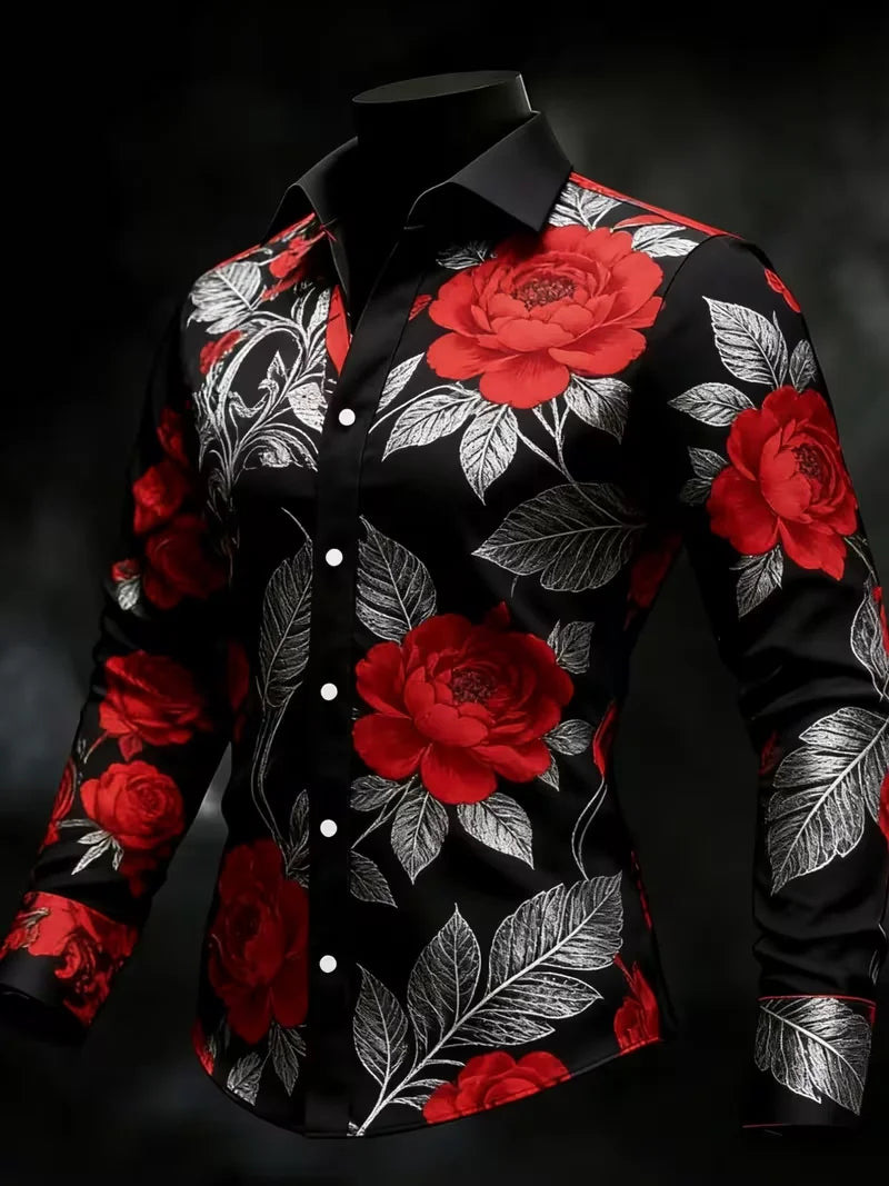 New Men's White Rose Pattern 3D Printed Shirt, High-Quality Casual and Fashionable Long Sleeved Shirt, Lapel Top
