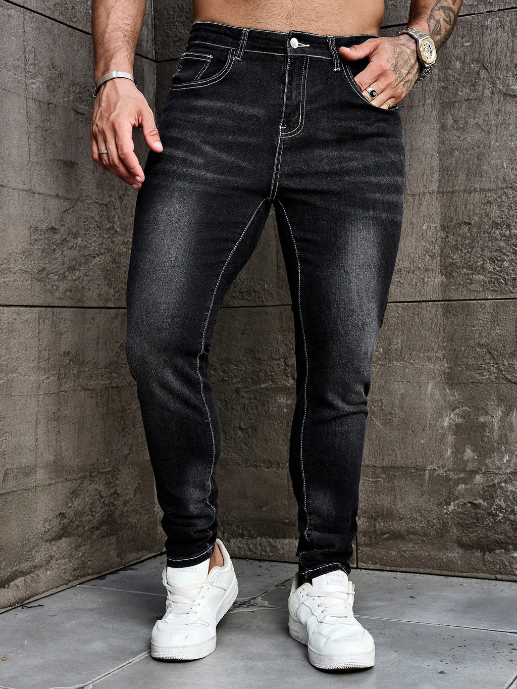 Men Jeans Denim Pants Clothing Trousers Men's Casual Black Washed Slim Fit Stretch Skinny Denim Pants