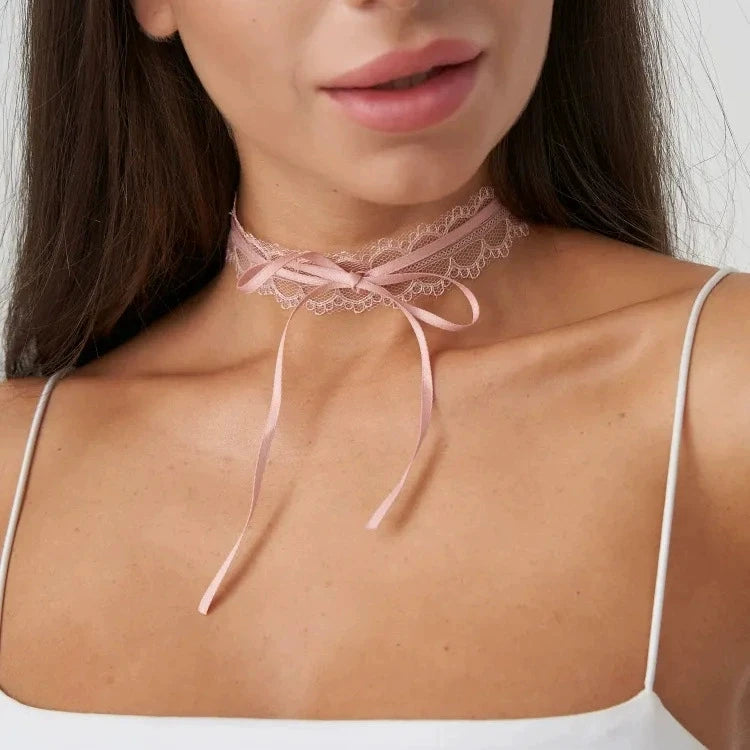 Gothic Aesthetic Vintage Cute Bowknot Heart Pink Lace Choker Necklace For Women Y2K Party Jewelry Accessories Gift