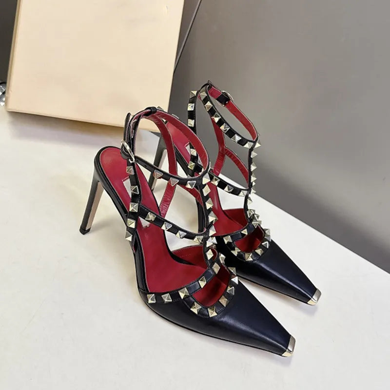 Summer Fashion Square toe Rivet Women Pumps Sexy Narrow Band Mary Janes Slingbacks High heels Chic Party Dress Sandals Shoes